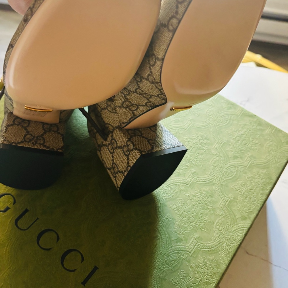 Gucci Monogram Block Heel Ankle Boots in Beige and Brown